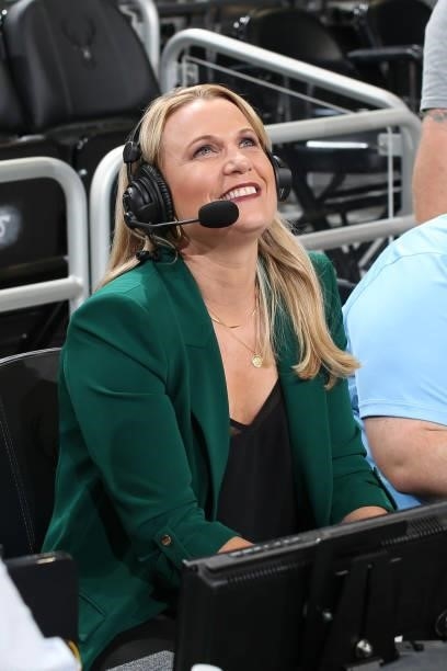 Announcer, Lisa Byington smiles during a preseason game between the Oklahoma City Thunder and the Milwaukee Bucks on October 10, 2021 at the Fiserv...