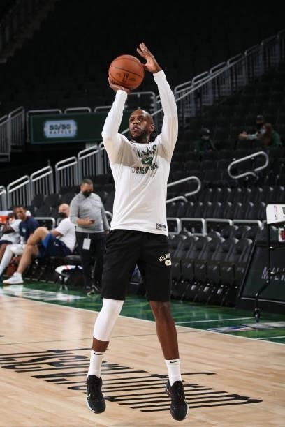 Khris Middleton of the Milwaukee Bucks warms up before the game against the Oklahoma City Thunder during a preseason game on October 10, 2021 at the...
