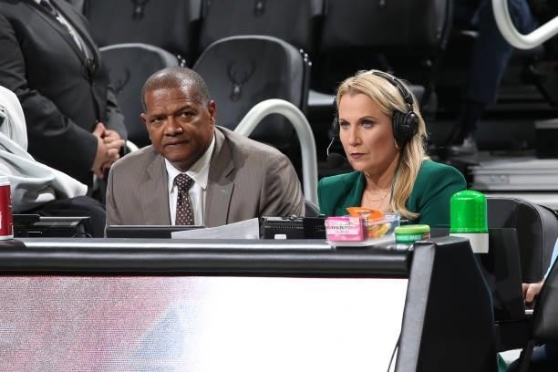 Announcers, Marques Johnson and Lisa Byington look on during a preseason game between the Oklahoma City Thunder and the Milwaukee Bucks on October...