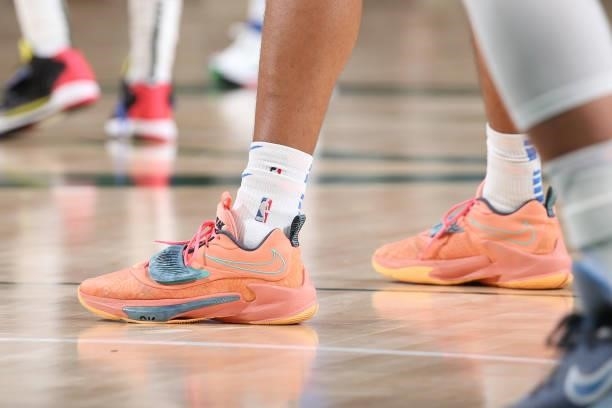 The sneakers worn by Jeremiah Robinson-Earl of the Oklahoma City Thunder during a preseason game against the Milwaukee Bucks on October 10, 2021 at...