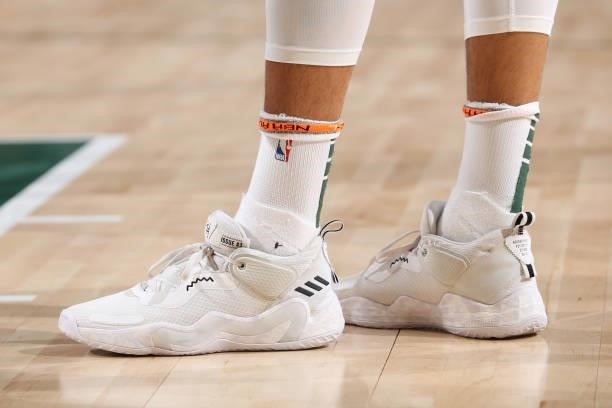 The sneakers worn by Georgios Kalaitzakis of the Milwaukee Bucks during a preseason game against the Oklahoma City Thunder on October 10, 2021 at the...
