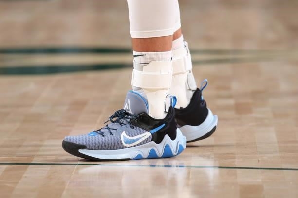 The sneakers worn by Grayson Allen of the Milwaukee Bucks during a preseason game against the Oklahoma City Thunder on October 10, 2021 at the Fiserv...