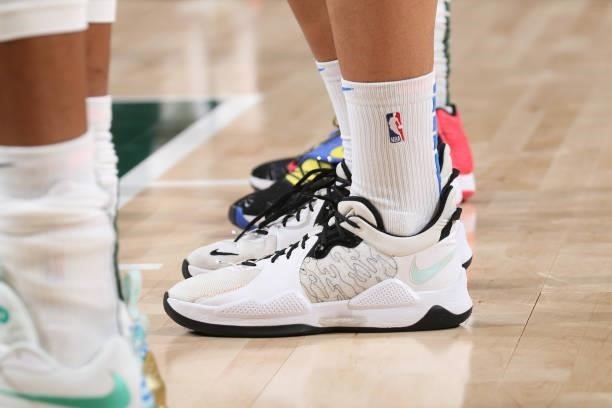 The sneakers worn by Aleksej Pokusevski of the Oklahoma City Thunder during a preseason game against the Milwaukee Bucks on October 10, 2021 at the...