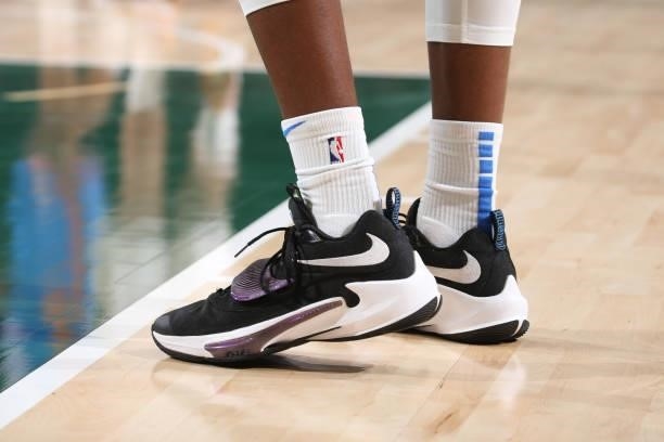 The sneakers worn by Mamadi Diakite of the Oklahoma City Thunder during a preseason game against the Milwaukee Bucks on October 10, 2021 at the...