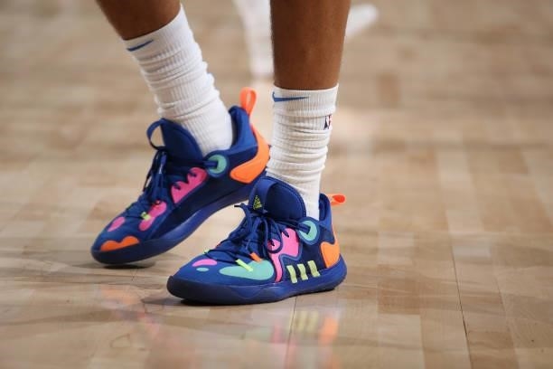The sneakers worn by Rob Edwards of the Oklahoma City Thunder during a preseason game against the Milwaukee Bucks on October 10, 2021 at the Fiserv...