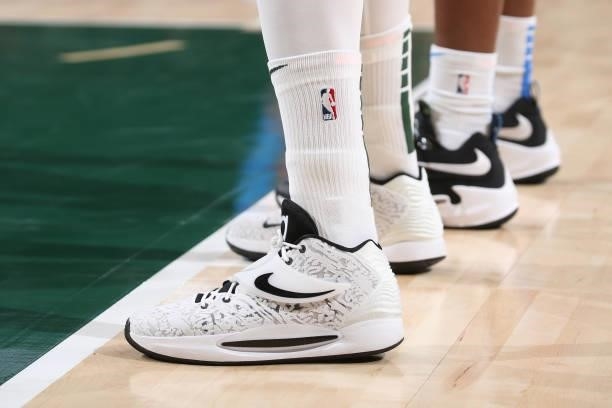 The sneakers worn by Pat Connaughton during a preseason game on October 10, 2021 at the Fiserv Forum Center in Milwaukee, Wisconsin. NOTE TO USER:...