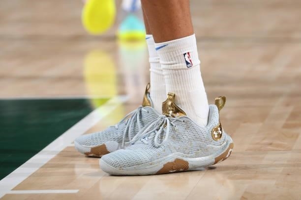 The sneakers worn by Aaron Wiggins of the Oklahoma City Thunder during during a preseason game against the Oklahoma City Thunder on October 10, 2021...