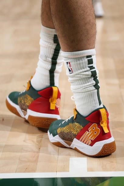 The sneakers worn by Elijah Bryant $6 of the Milwaukee Bucks during a preseason game against the Oklahoma City Thunder on October 10, 2021 at the...