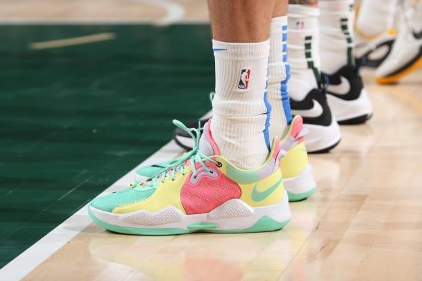 The sneakers worn by Mike Muscala of the Oklahoma City Thunder during a preseason game against the Milwaukee Bucks on October 10, 2021 at the Fiserv...