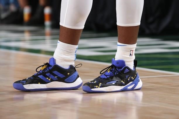 The sneakers worn by Luguentz Dort of the Oklahoma City Thunder during a preseason game against the Milwaukee Bucks on October 10, 2021 at the Fiserv...