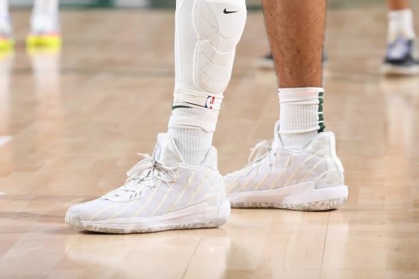 The sneakers worn by Jordan Nwora of the Milwaukee Bucks during a preseason game against the Oklahoma City Thunder on October 10, 2021 at the Fiserv...