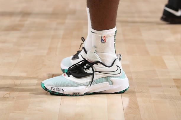 The sneakers worn by Thanasis Antetokounmpo of the Milwaukee Bucks during a preseason game against the Oklahoma City Thunder on October 10, 2021 at...