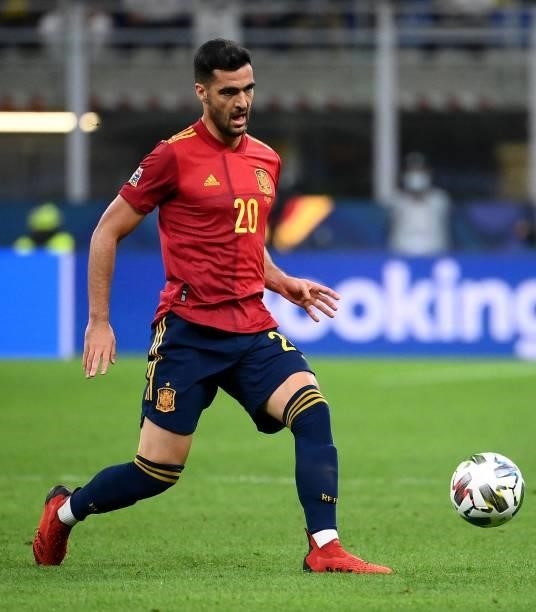 Spain's midfielder Mikel Merino passes the ball during the Nations League final football match between Spain and France at San Siro stadium in Milan,...