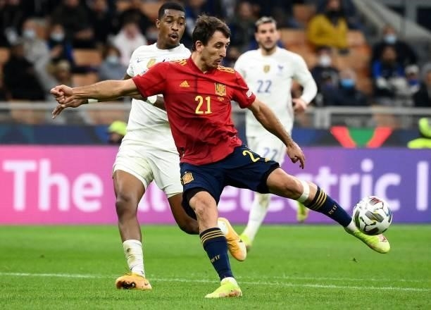 Spain's forward Mikel Oyarzabal kicks the ball during the Nations League final football match between Spain and France at San Siro stadium in Milan,...