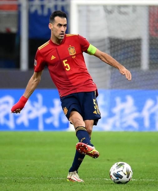 Spain's defender Sergio Busquets passes the ball during the Nations League final football match between Spain and France at San Siro stadium in...