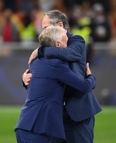 France's head coach Didier Deschamps is congratulated by French president of French football association , Noel Le Graet, at the end of the Nations...