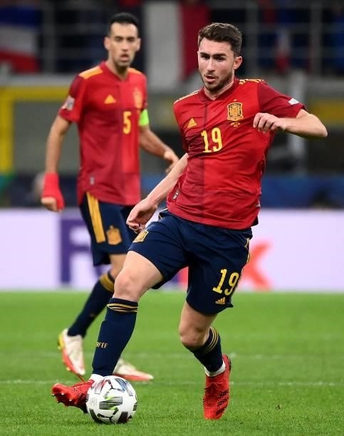 Spain's defender Aymeric Laporte controls the ball during the Nations League final football match between Spain and France at San Siro stadium in...