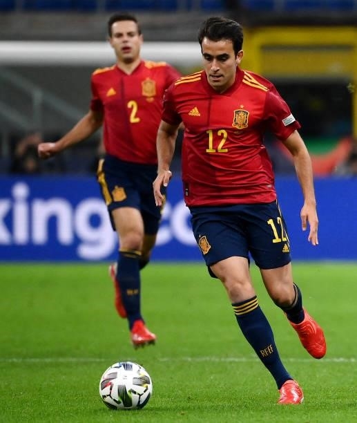 Spain's defender Eric Garcia plays the ball during the Nations League final football match between Spain and France at San Siro stadium in Milan, on...