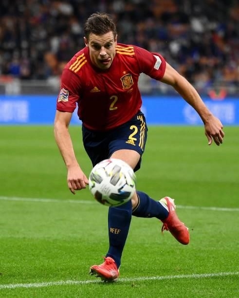Spain's defender Cesar Azpilicueta plays the ball during the Nations League final football match between Spain and France at San Siro stadium in...