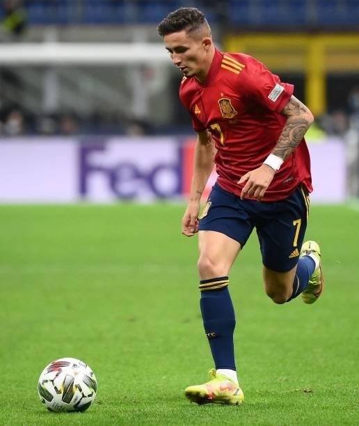 Spain's forward Yeremi Pino plays the ball during the Nations League final football match between Spain and France at San Siro stadium in Milan, on...