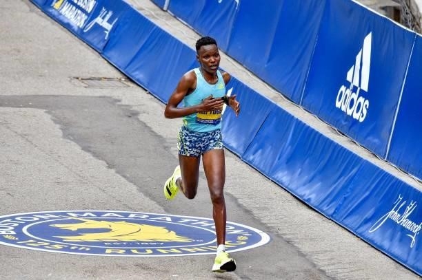 Diana Kipyogei of Kenya runs to the finish line to take first place in the professional women's division during the 125th Boston Marathon in Boston,...