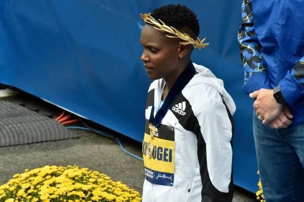 Diana Kipyogei of Kenya is honored for taking first place in the professional women's division during the 125th Boston Marathon in Boston,...