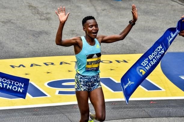 Diana Kipyogei of Kenya crosses the finish line to take first place in the professional women's division during the 125th Boston Marathon in Boston,...