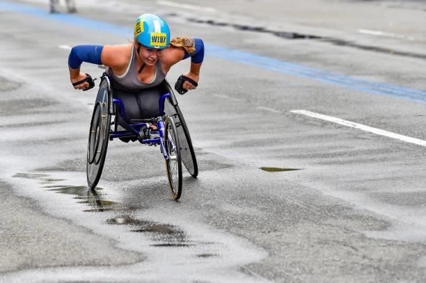 Arielle Rausin makes her way to the finish line during the 125th Boston Marathon in Boston, Massachusetts on October 11, 2021.