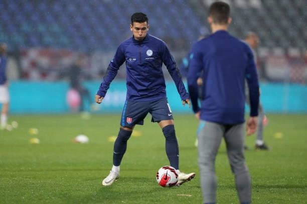 Vernon De Marco of Slovakia warms up prior to the 2022 FIFA World Cup Group H Qualifier match between Croatia and Slovakia at Gradski Vrt Stadium on...