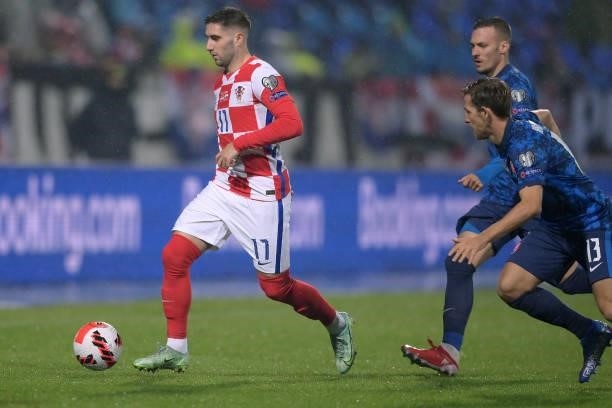 Luka Ivanusec of Croatia control a ball during the 2022 FIFA World Cup Group H Qualifier match between Croatia and Slovakia at Gradski Vrt Stadium on...