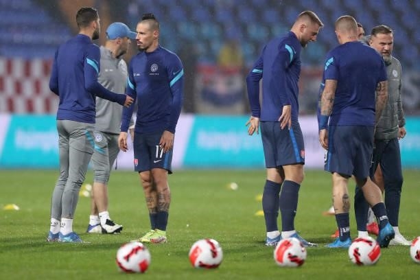 Marek Hamsik of Slovakia prior to the 2022 FIFA World Cup Group H Qualifier match between Croatia and Slovakia at Gradski Vrt Stadium on October 11,...