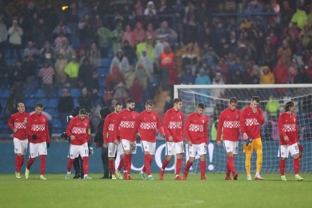 Team Croatia players line up for the national anthems prior the 2022 FIFA World Cup Group H Qualifier match between Croatia and Slovakia at Gradski...