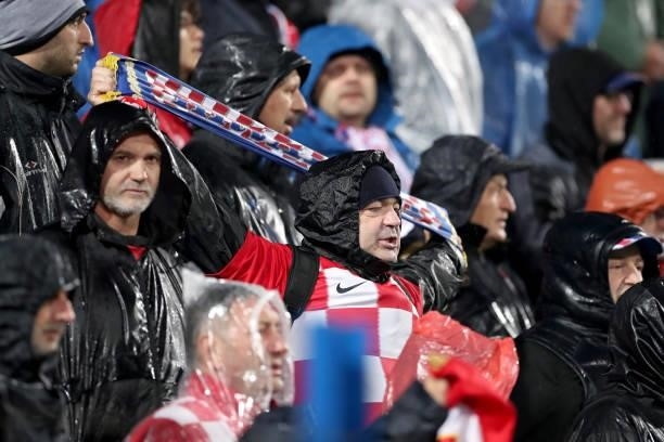 Croatia fans are seen prior the 2022 FIFA World Cup Group H Qualifier match between Croatia and Slovakia at Gradski Vrt Stadium on October 11, 2021...