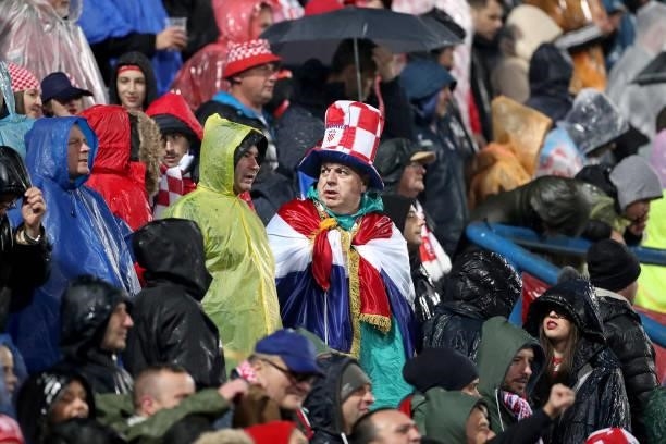 Croatia fans are seen prior the 2022 FIFA World Cup Group H Qualifier match between Croatia and Slovakia at Gradski Vrt Stadium on October 11, 2021...