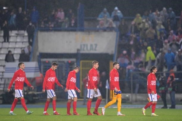 Team Slovakia players line up for the national anthems prior the 2022 FIFA World Cup Group H Qualifier match between Croatia and Slovakia at Gradski...