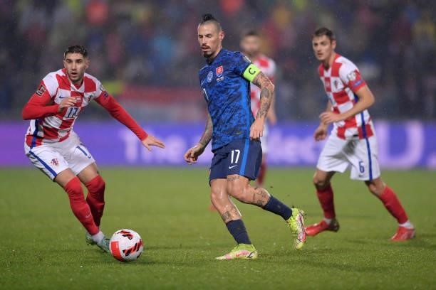 Marek Hamsik of Slovakia in action during the 2022 FIFA World Cup Group H Qualifier match between Croatia and Slovakia at Gradski Vrt Stadium on...
