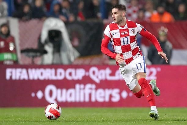 Luka Ivanusec of Croatia in action during the 2022 FIFA World Cup Group H Qualifier match between Croatia and Slovakia at Gradski Vrt Stadium on...
