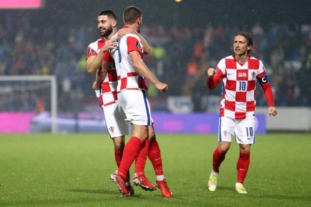 Andrej Kramaric of Croatia and Josko Gvardiol of Croatia celebrate a goal during the 2022 FIFA World Cup Group H Qualifier match between Croatia and...