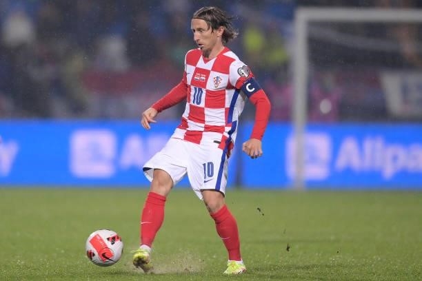 Luka Modric of Croatia controls a ball during the 2022 FIFA World Cup Group H Qualifier match between Croatia and Slovakia at Gradski Vrt Stadium on...