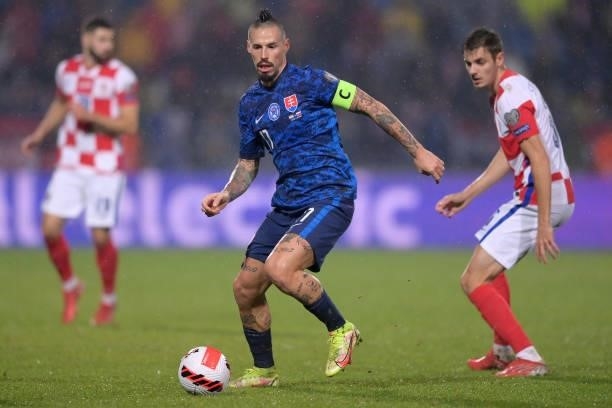 Marek Hamsik of Slovakia in action during the 2022 FIFA World Cup Group H Qualifier match between Croatia and Slovakia at Gradski Vrt Stadium on...