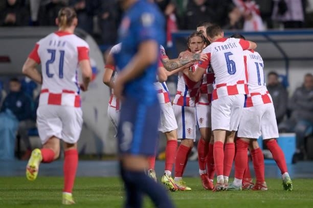 Andrej Kramaric of Croatia and Croatia Teammates celebrate a goal during the 2022 FIFA World Cup Group H Qualifier match between Croatia and Slovakia...
