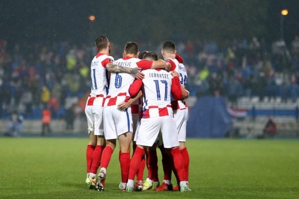 Andrej Kramaric of Croatia and Croatia teammates celebrate a goal during the 2022 FIFA World Cup Group H Qualifier match between Croatia and Slovakia...