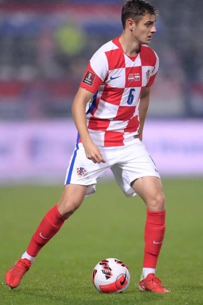 Josip Stanisic of Croatia in action during the 2022 FIFA World Cup Group H Qualifier match between Croatia and Slovakia at Gradski Vrt Stadium on...