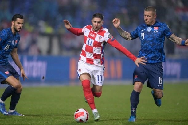 Luka Ivanusec of Croatia in action during the 2022 FIFA World Cup Group H Qualifier match between Croatia and Slovakia at Gradski Vrt Stadium on...
