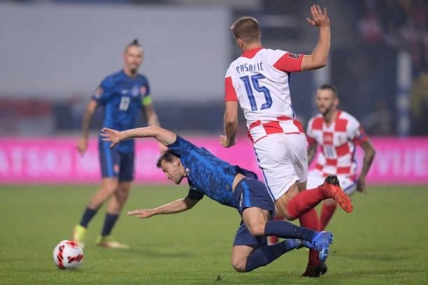 Patrik Hrosovsky of Slovakia in action against Mario Pasalic of Croatia during the 2022 FIFA World Cup Group H Qualifier match between Croatia and...