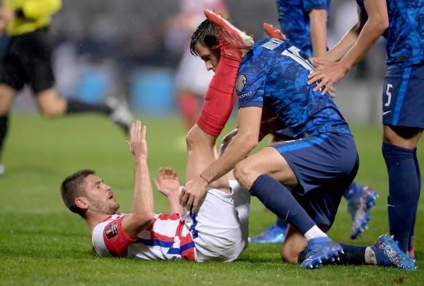 Andrej Kramaric of Croatia goes down during the 2022 FIFA World Cup Group H Qualifier match between Croatia and Slovakia at Gradski Vrt Stadium on...
