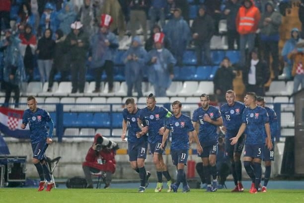 Ivan Schranz of Slovakia and Slovakia teammates celebrate a goal during the 2022 FIFA World Cup Group H Qualifier match between Croatia and Slovakia...