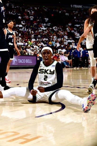 Kahleah Copper of the Chicago Sky celebrates during the game against the Phoenix Mercury in Game One of the 2021 WNBA Finals on October 10, 2021 at...