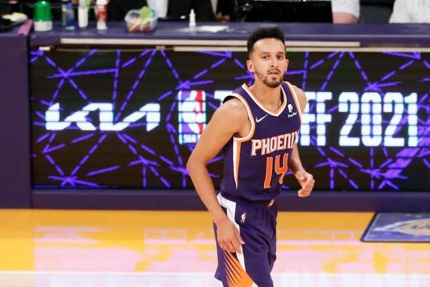 Landry Shamet of the Phoenix Suns looks on during a preseason game against the Los Angeles Lakers on October 10, 2021 at STAPLES Center in Los...