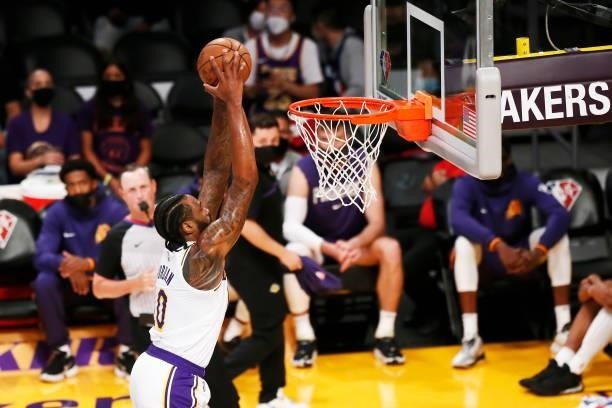 DeAndre Jordan of the Los Angeles Lakers dunks the ball during a preseason game against the Phoenix Suns on October 10, 2021 at STAPLES Center in Los...